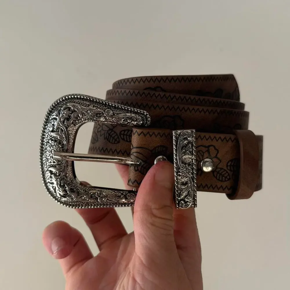 vintage style brown and silver engraved western simple design belt